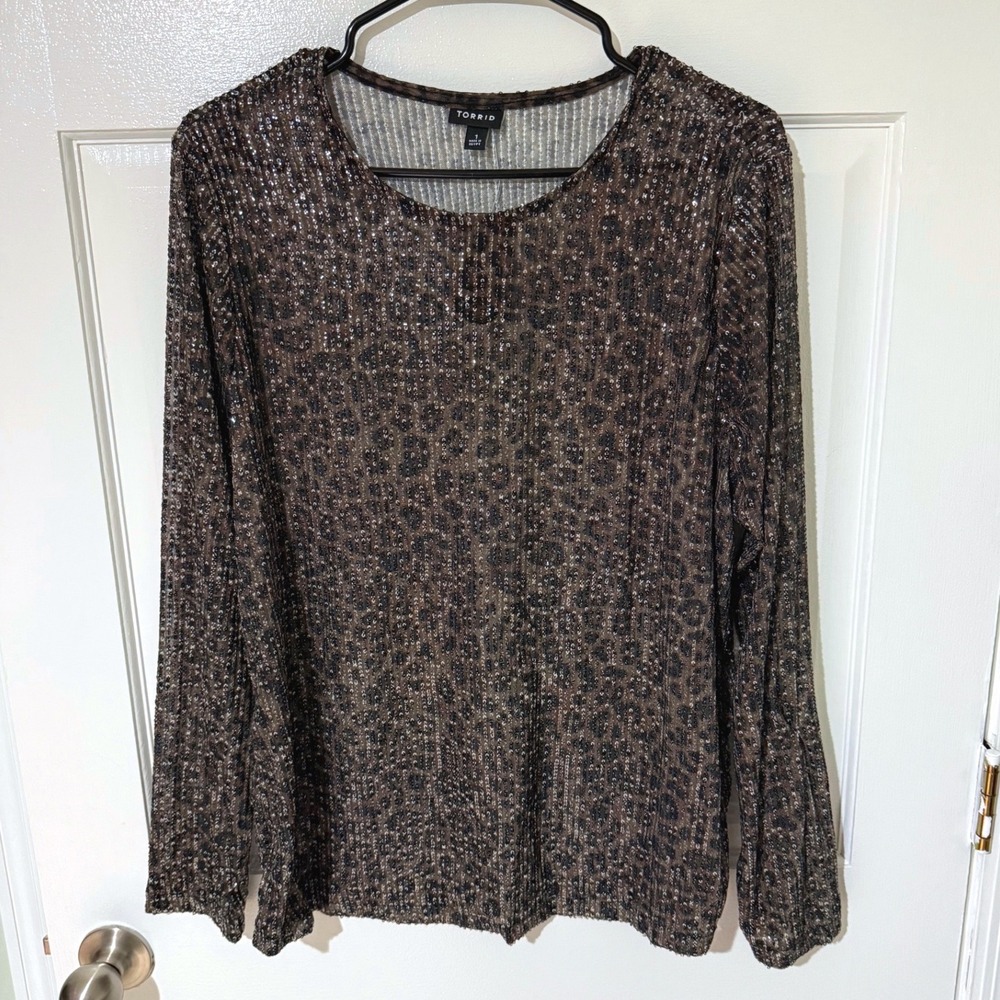 Torrid Womens Plus Size 2 Leopard Sequin Long Sleeve Ribbed Knit Top Brown Black